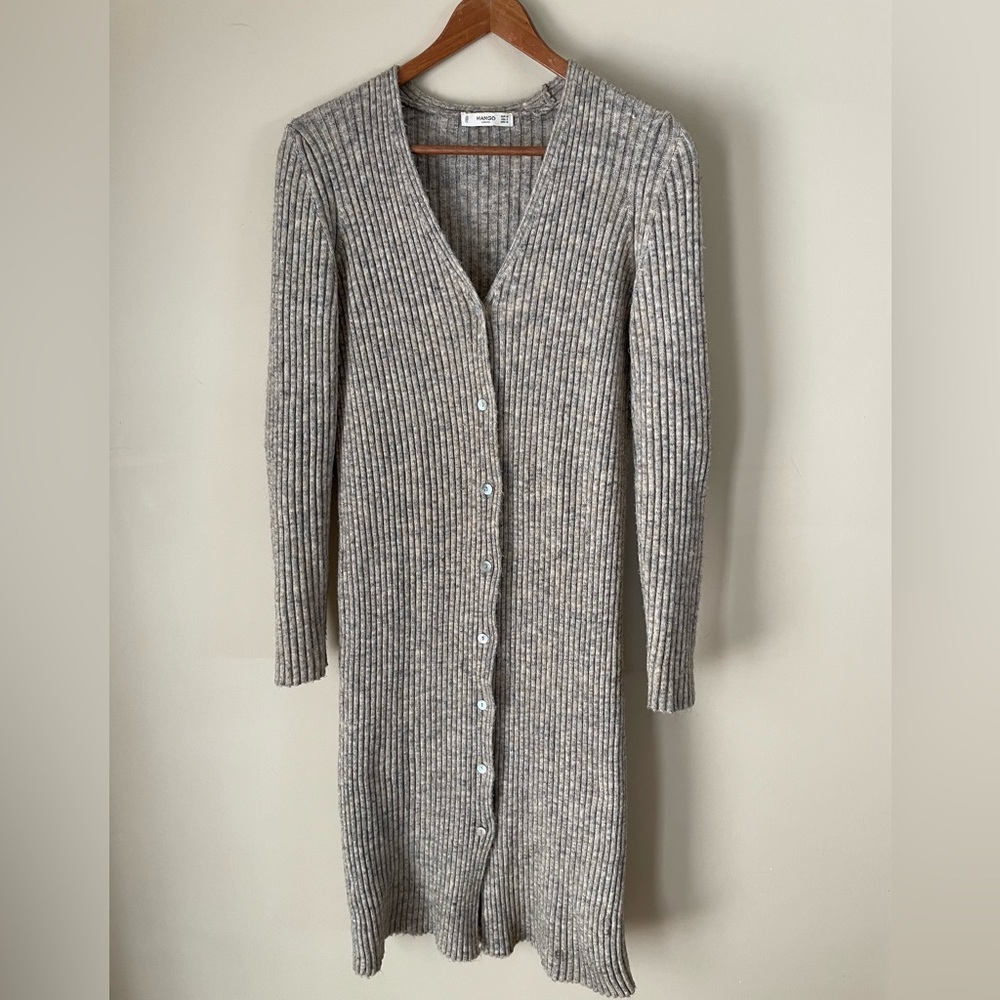 Mango Long Heathered Brown Cardigan Size Small with Buttons
